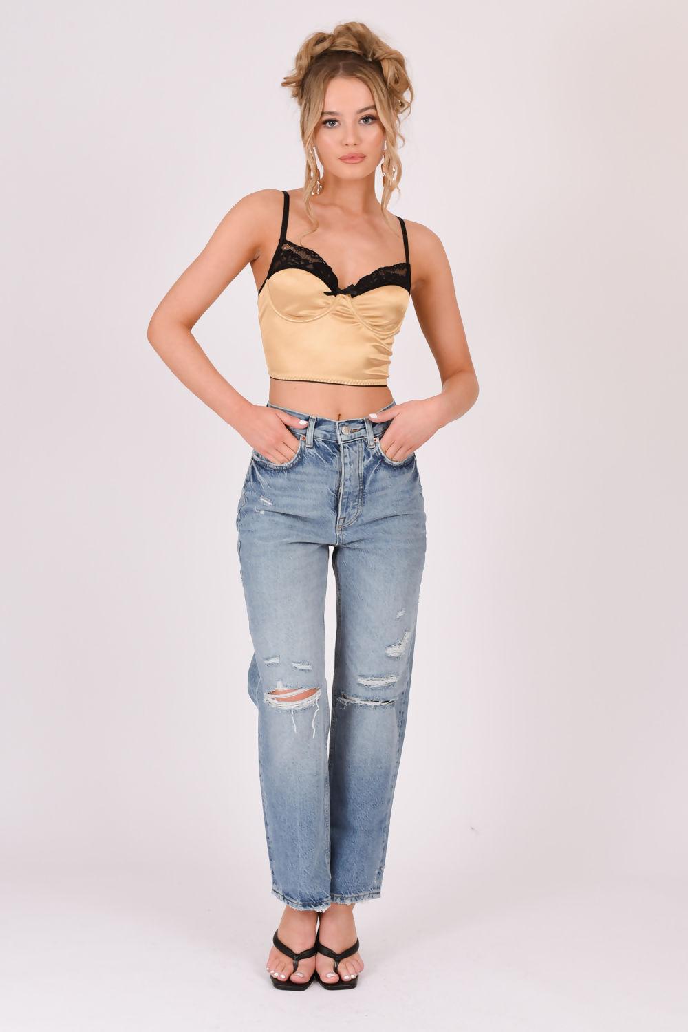 Saint Genies Coraline Gold Satin Lace Trim Crop Top