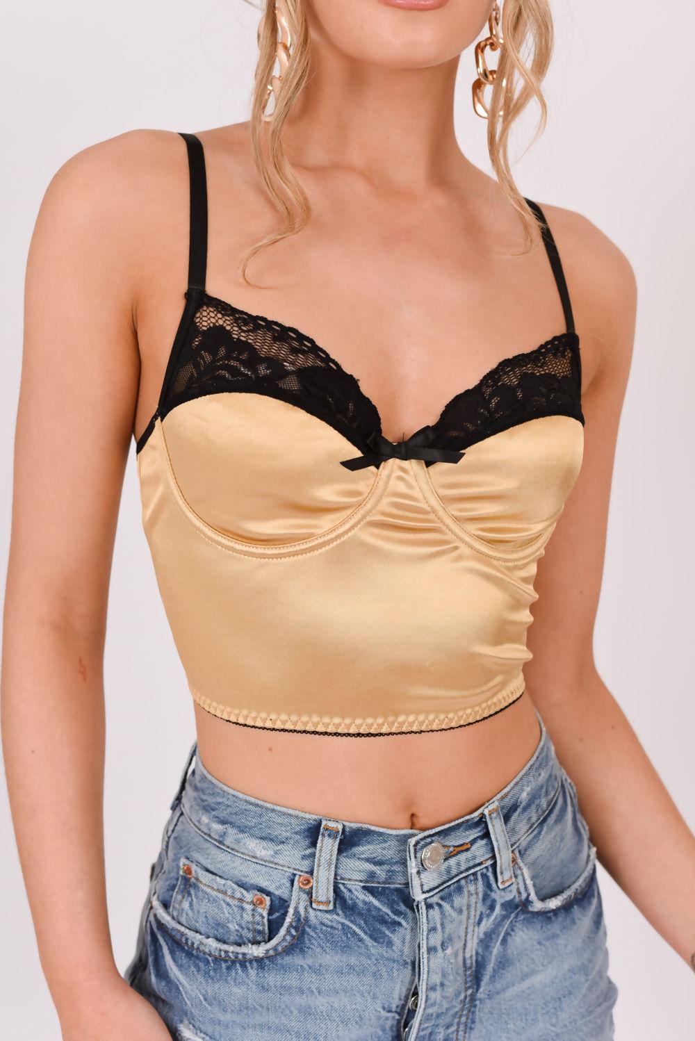 Saint Genies Coraline Gold Satin Lace Trim Crop Top