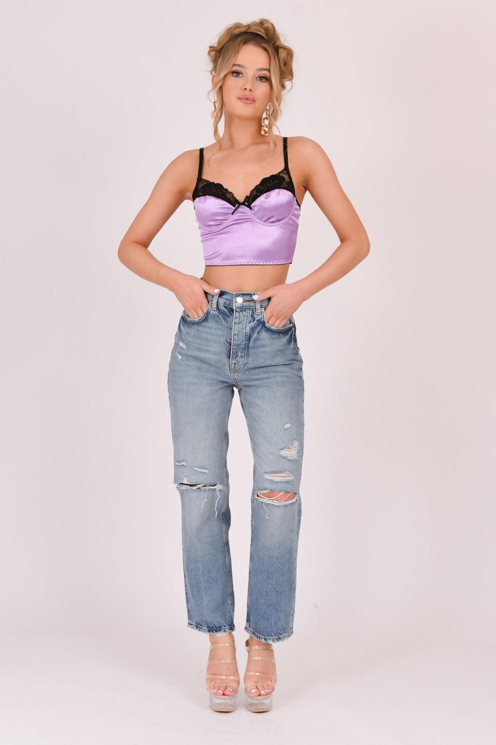 Saint Genies Coraline Lilac Satin Lace Trim Crop Top