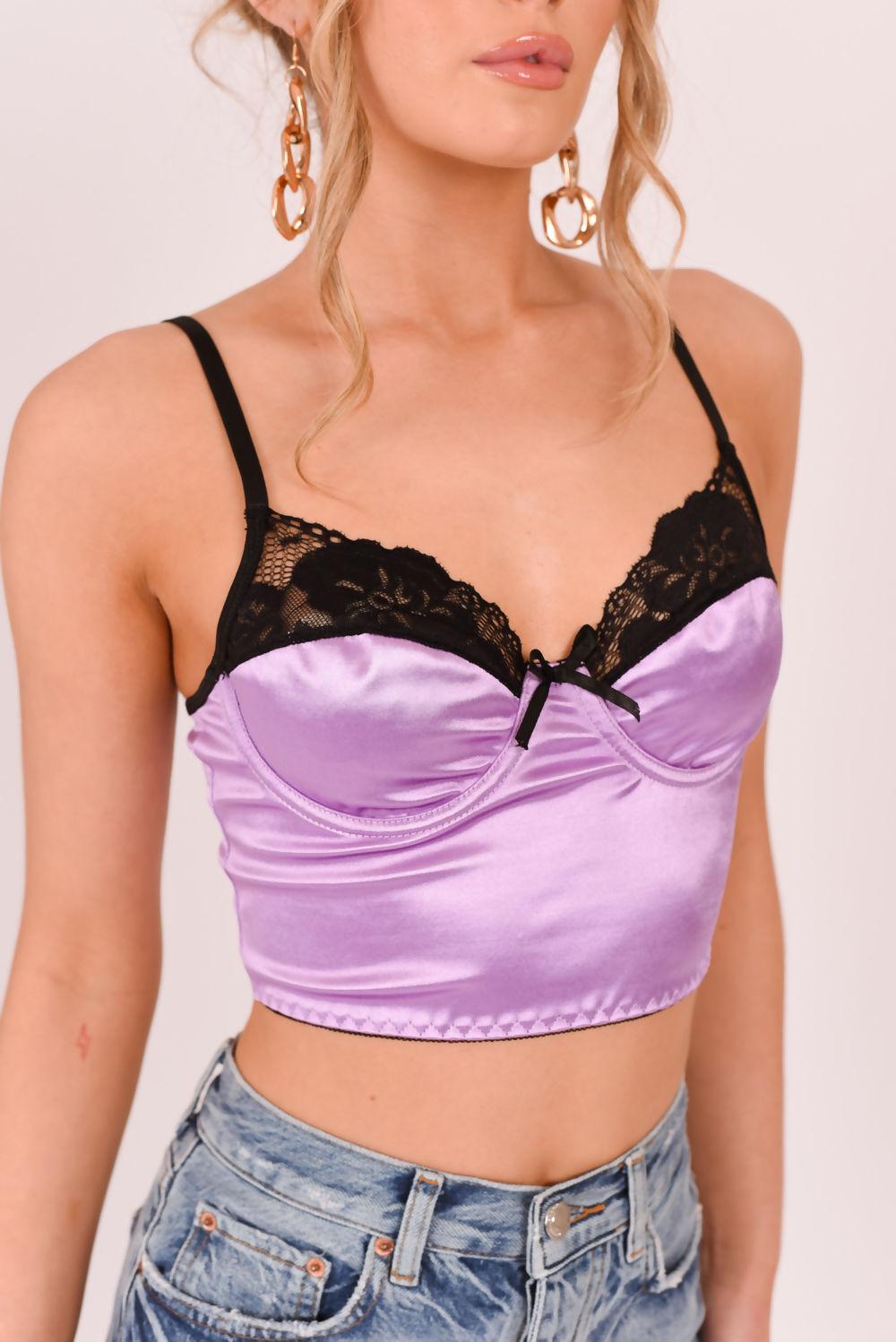 Saint Genies Coraline Lilac Satin Lace Trim Crop Top