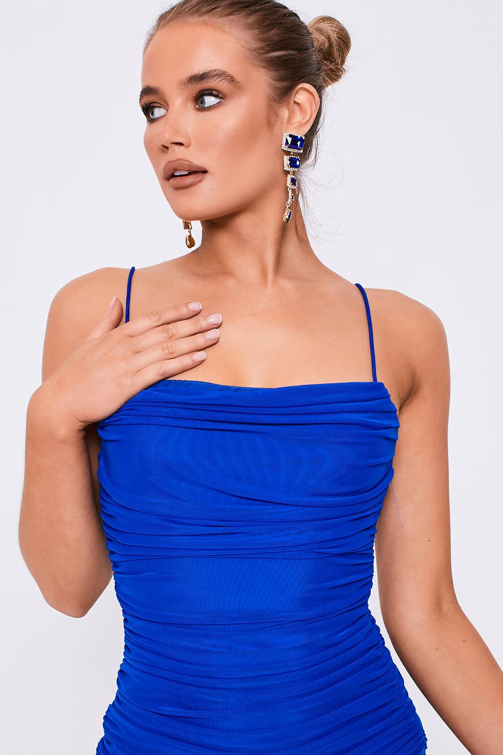 Saint Genies Darcie Cobalt Square Neck Strappy Ruched Mini Dress