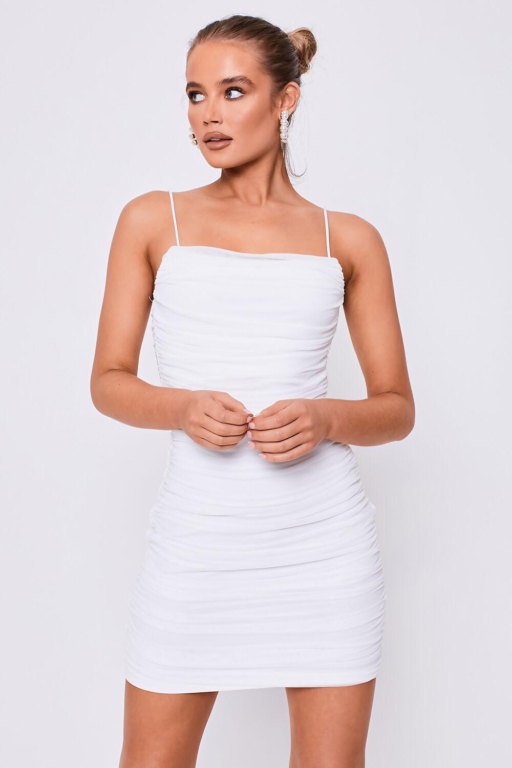 Saint Genies Darcie White Square Neck Strappy Ruched Mini Dress