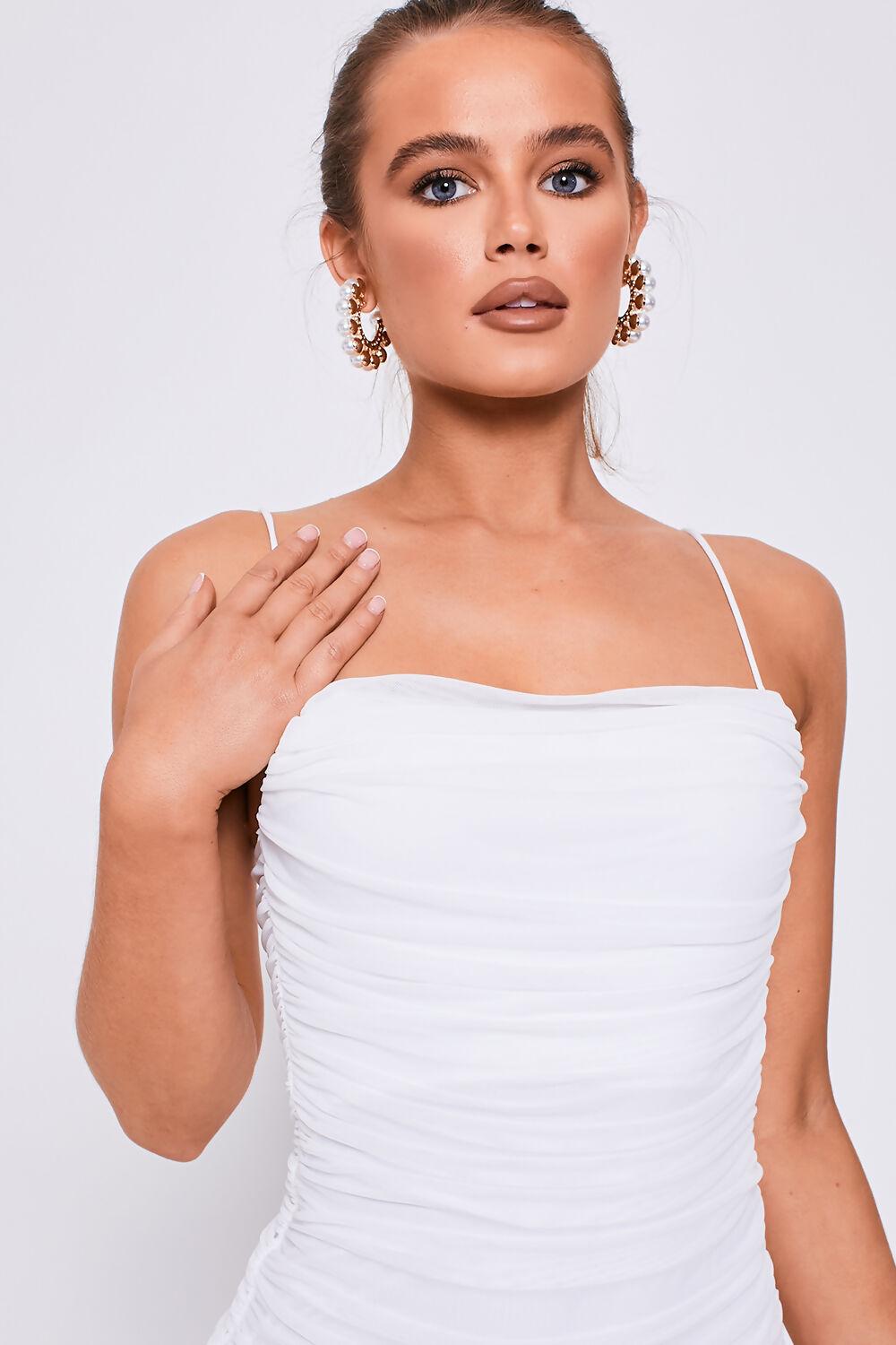 Saint Genies Darcie White Square Neck Strappy Ruched Mini Dress