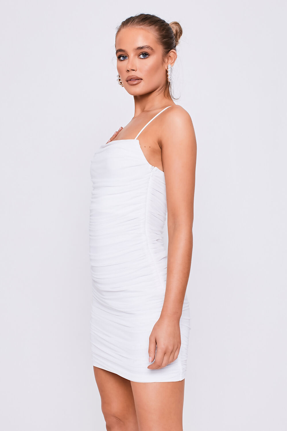 Saint Genies Darcie White Square Neck Strappy Ruched Mini Dress