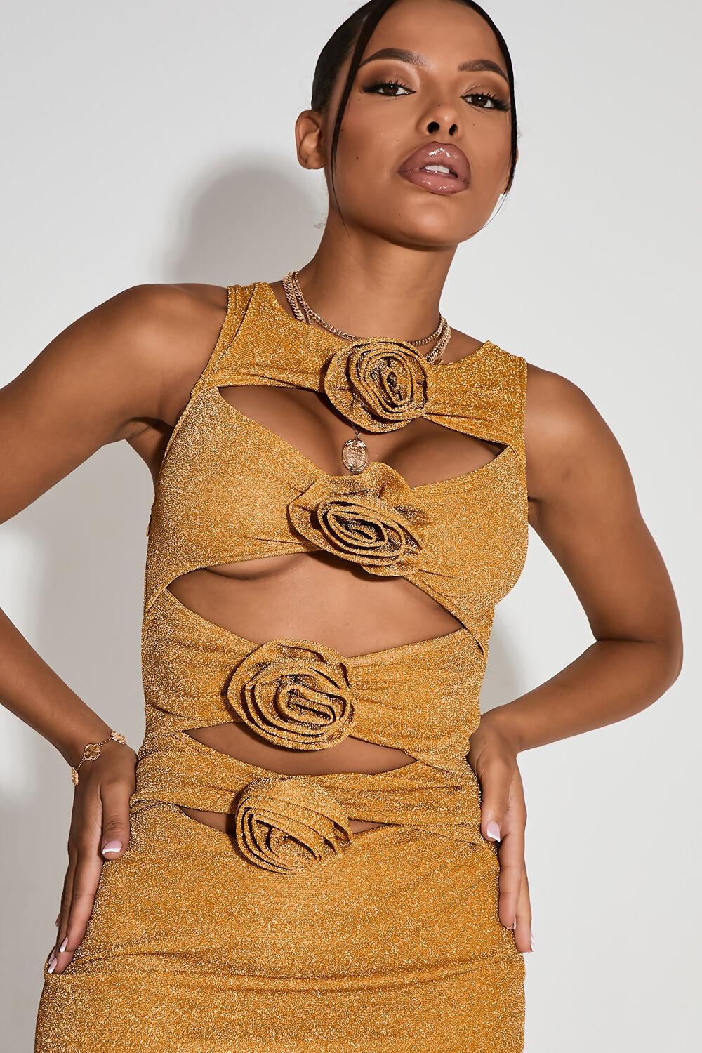 Saint Genies Delilah Yellow High Neck Cutout Floral Applique Bodycon Mini Dress