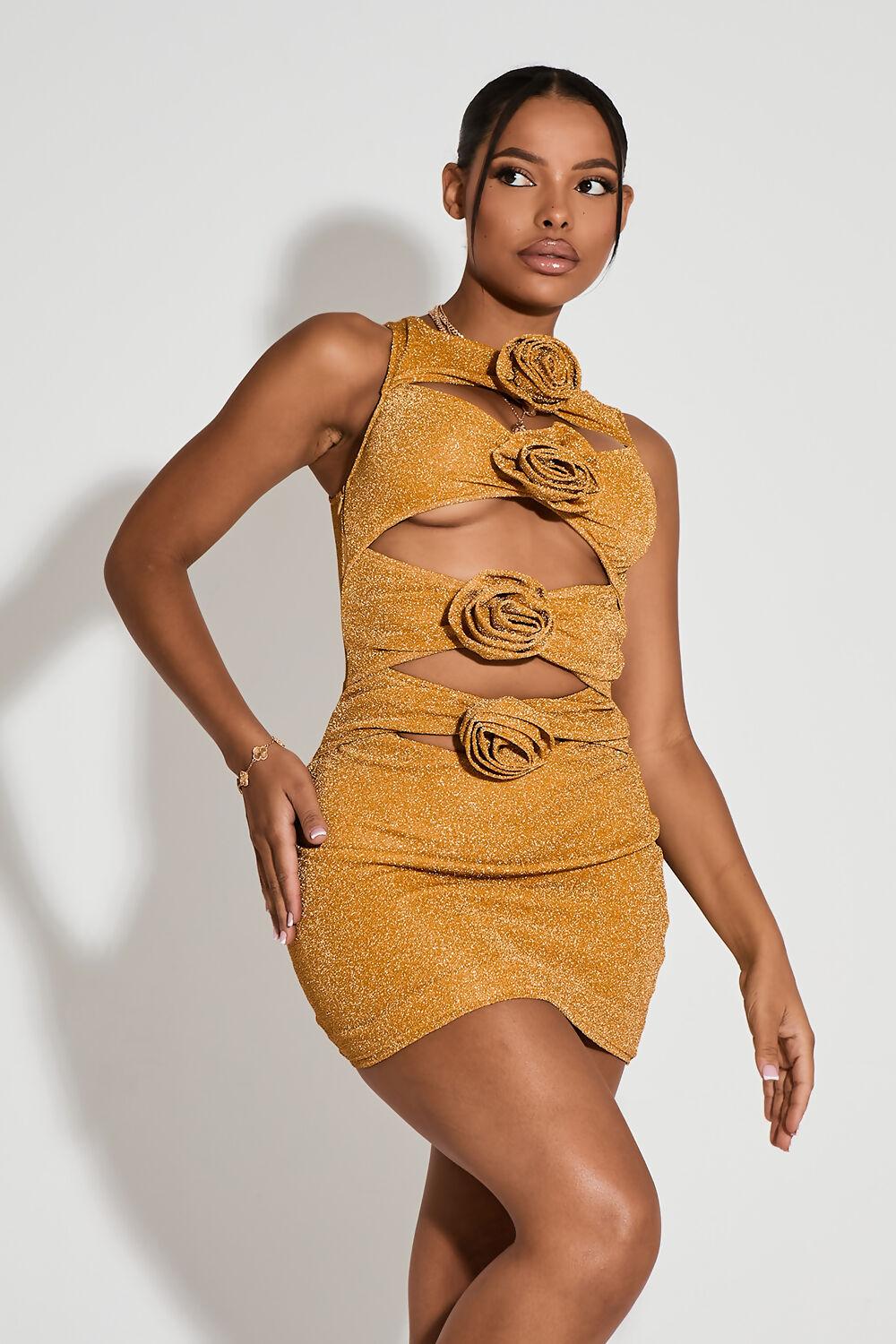 saint genies Delilah Yellow High Neck Cutout Floral Applique Bodycon Mini Dress