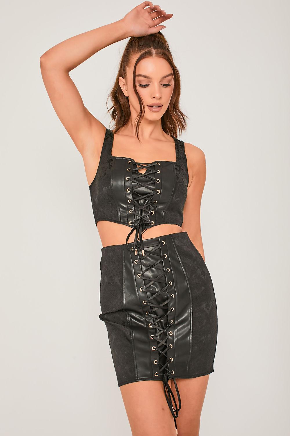 Saint Genies Delyth Black Jacquard And Faux Leather Lace Up Crop Top