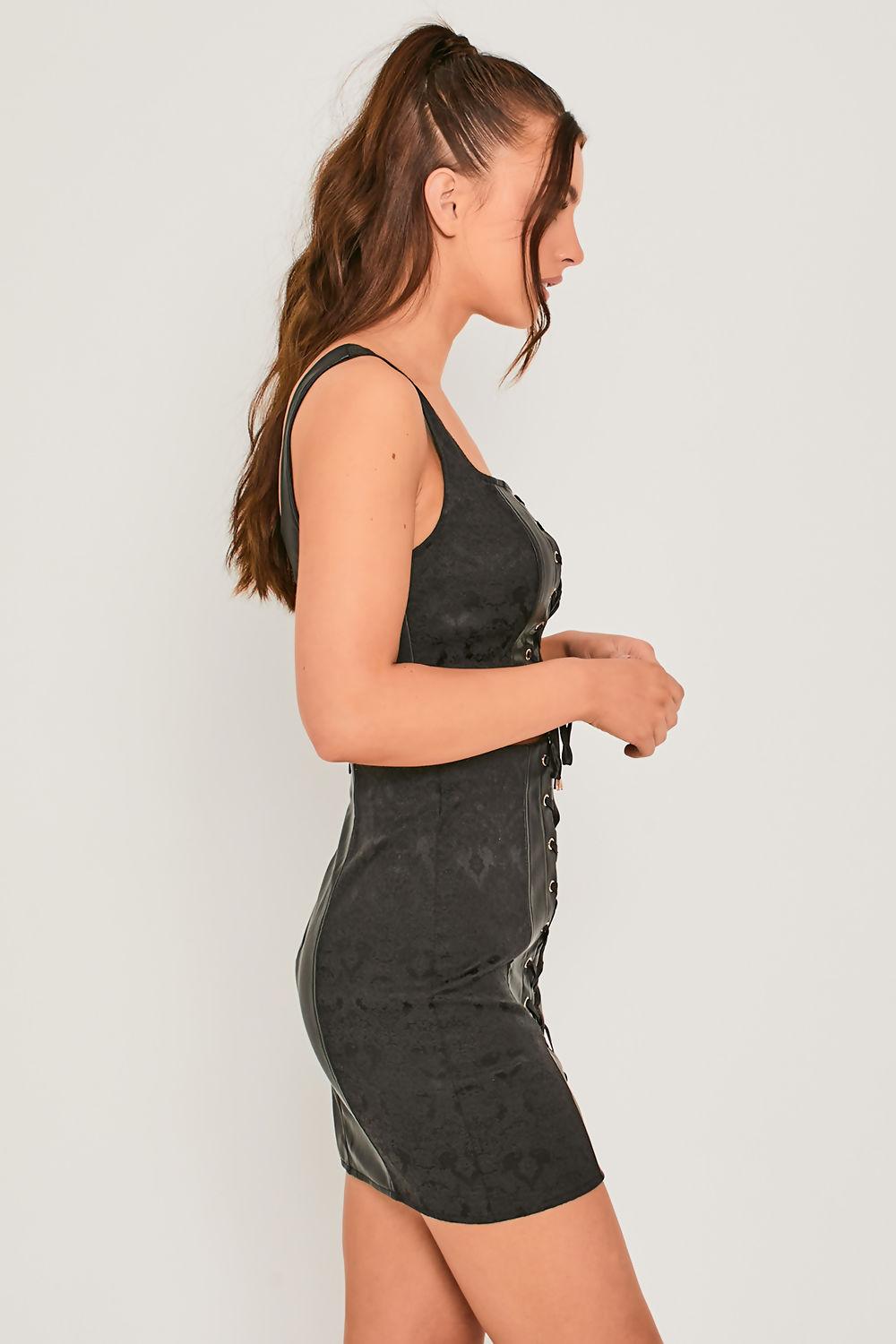 Saint Genies Delyth Black Jacquard And Faux Leather Lace Up Crop Top