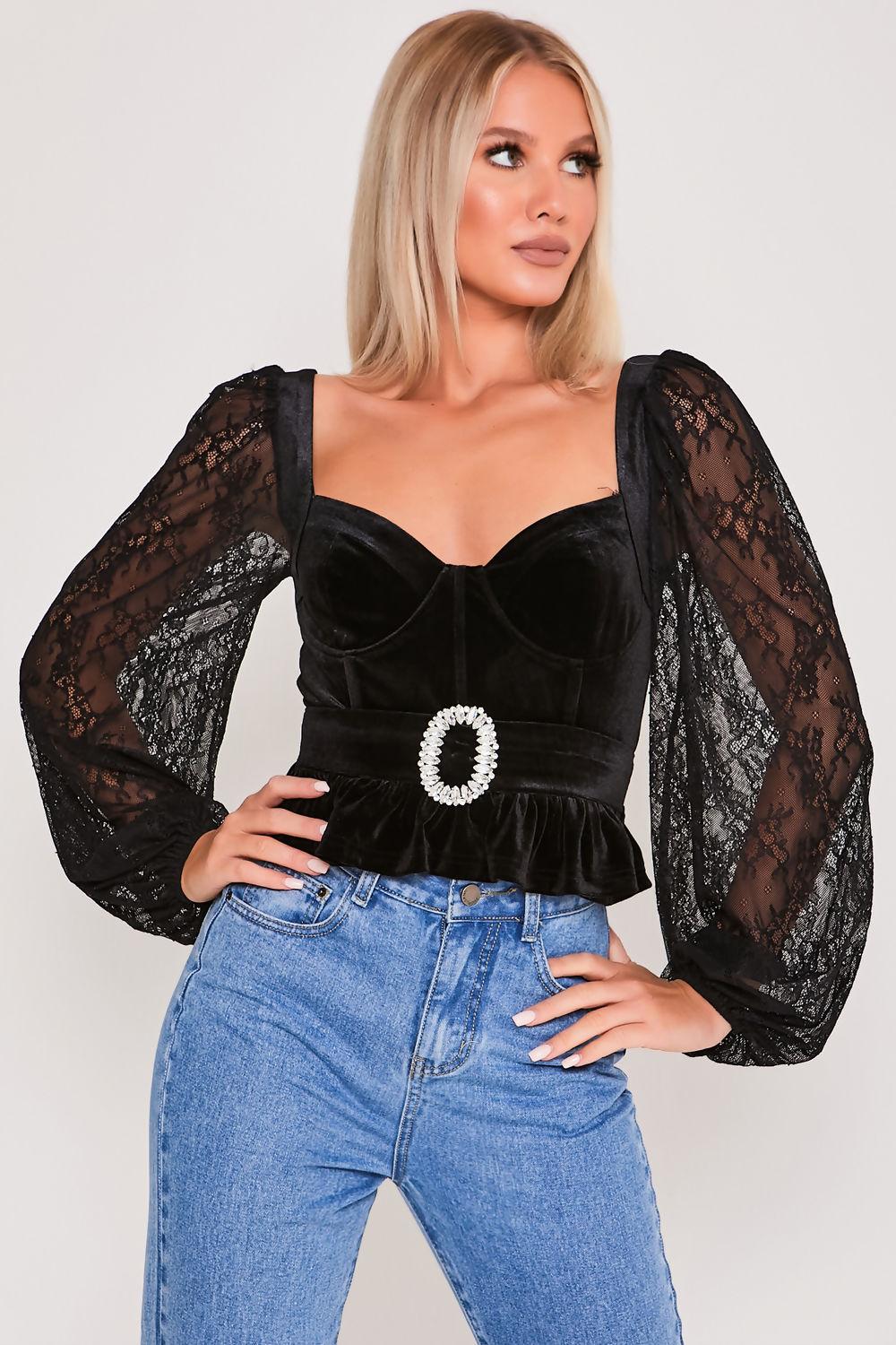 Saint Genies Dionne Black Velvet Diamante Buckle Lace Sleeve Top
