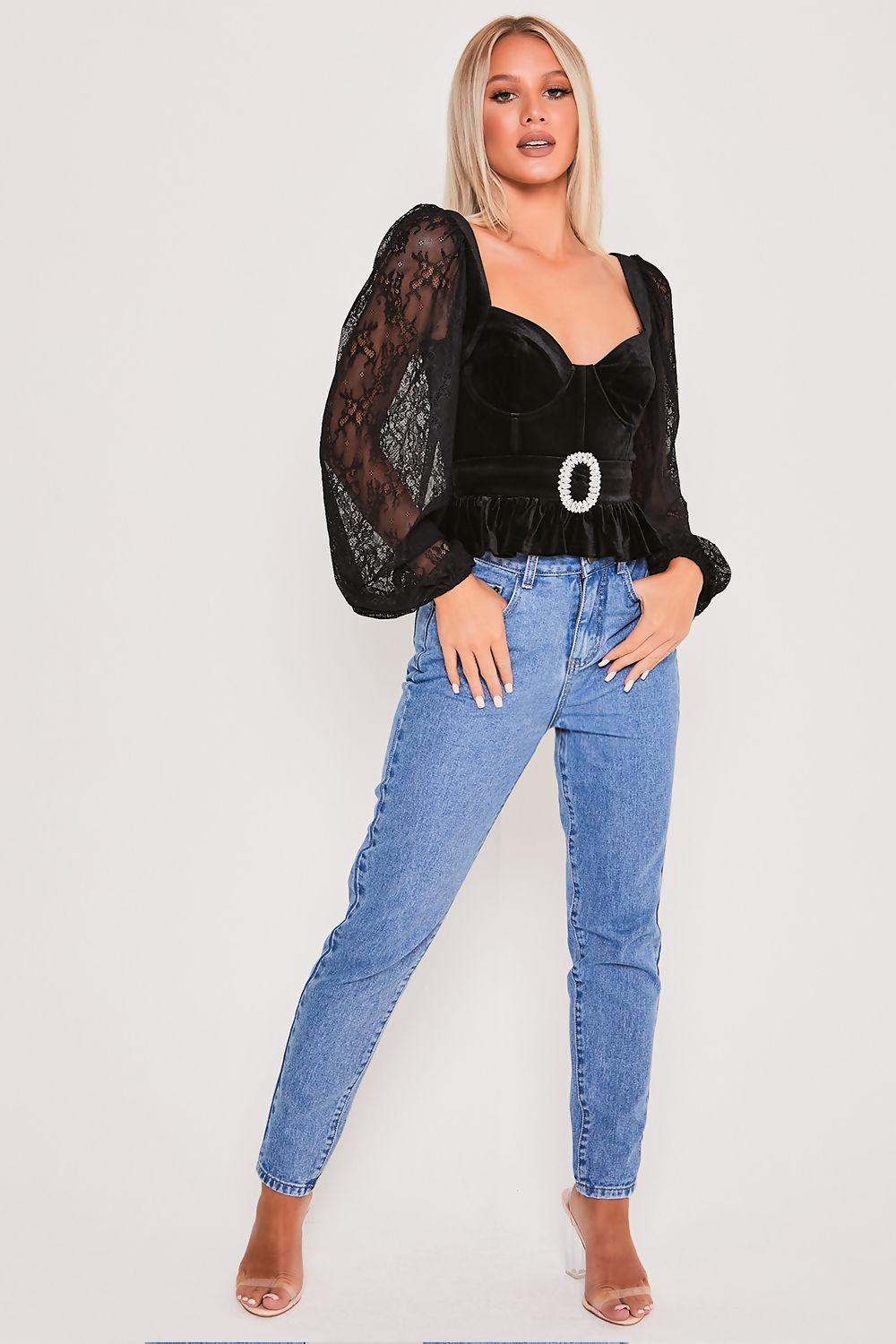 Saint Genies Dionne Black Velvet Diamante Buckle Lace Sleeve Top