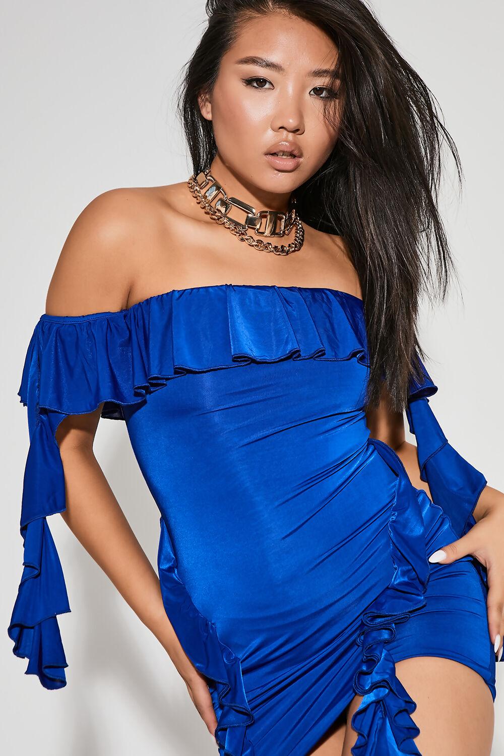 Saint Genies Dom Cobalt Bardot Frill Bodycon Mini Dress