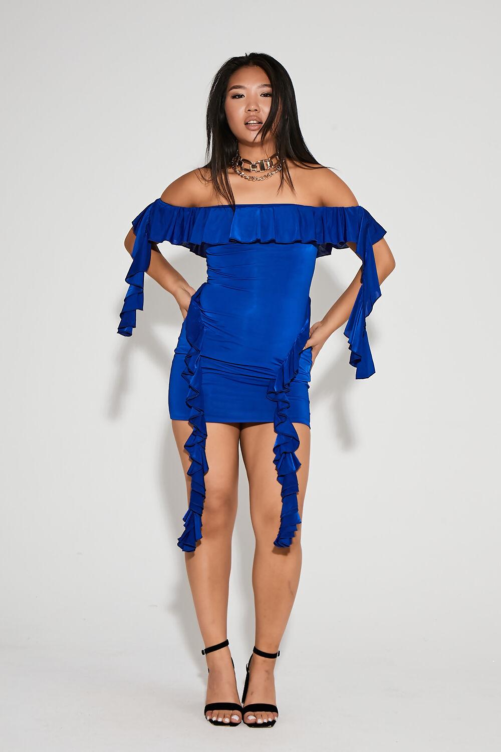 Saint Genies Dom Cobalt Bardot Frill Bodycon Mini Dress