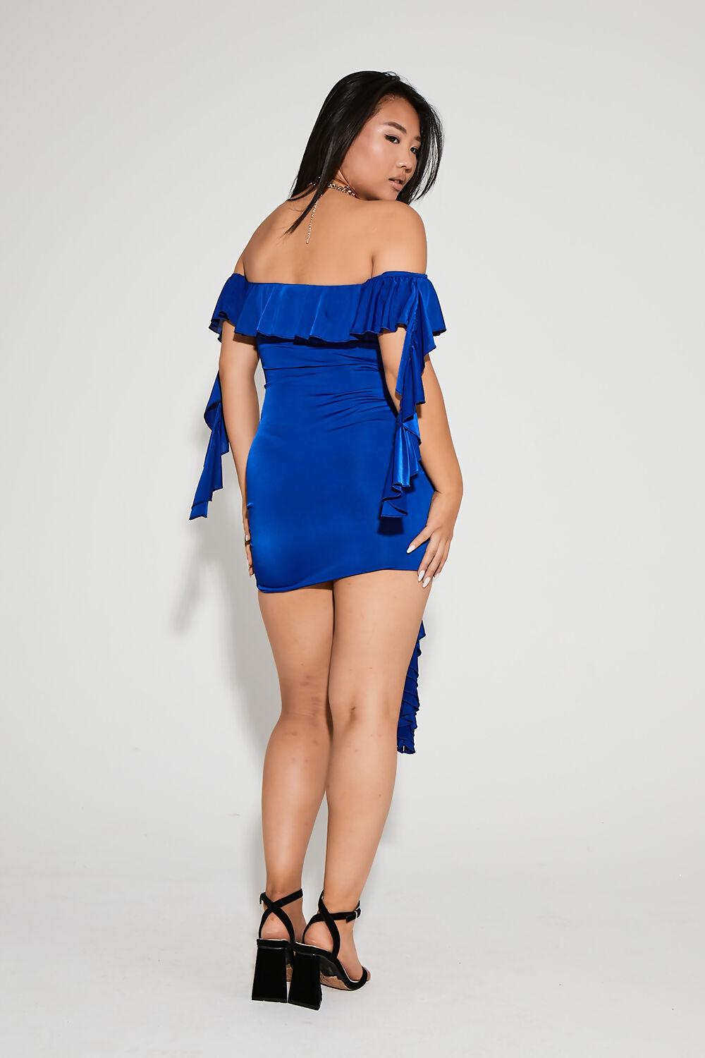 Saint Genies Dom Cobalt Bardot Frill Bodycon Mini Dress