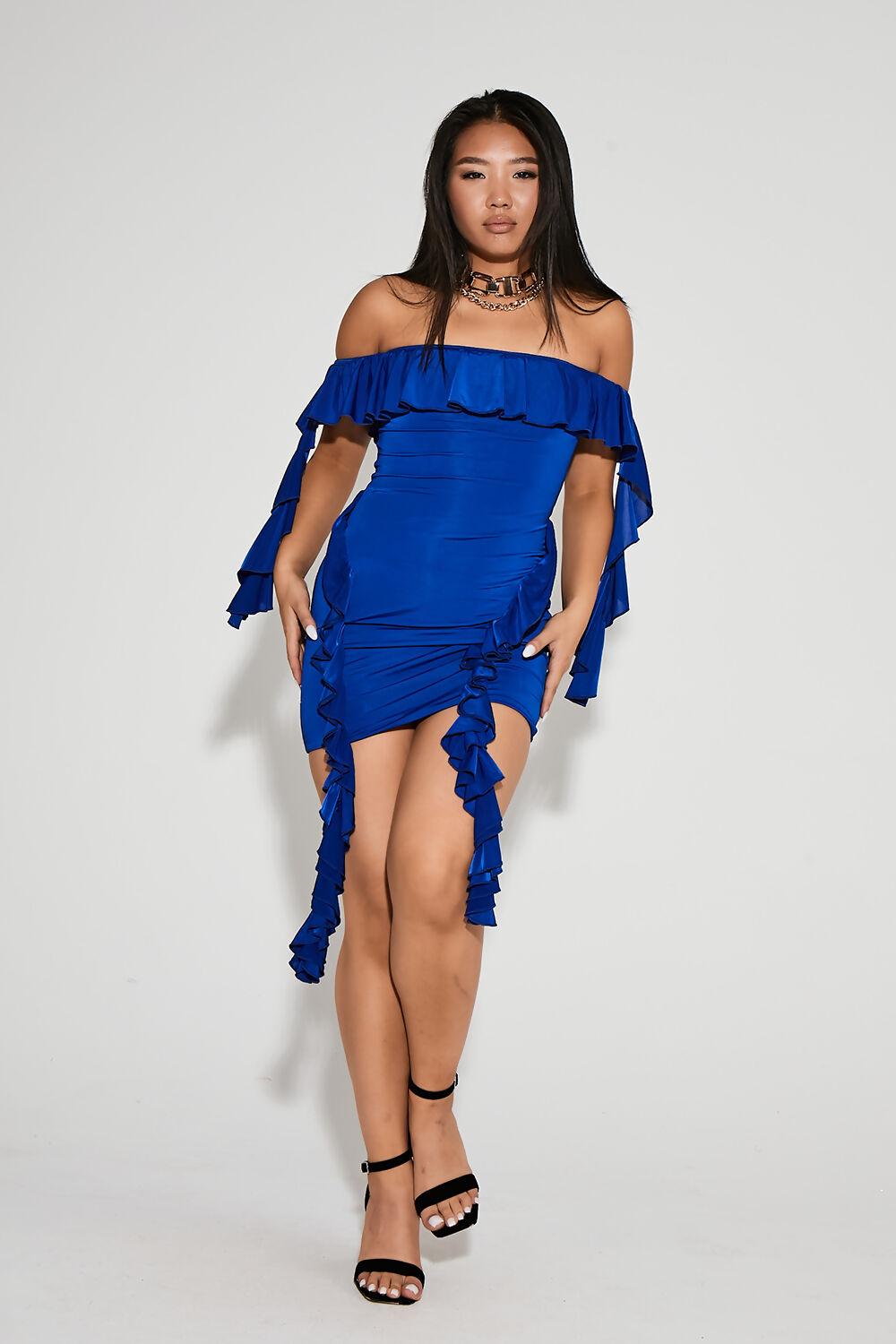 saint genies Dom Cobalt Bardot Frill Bodycon Mini Dress