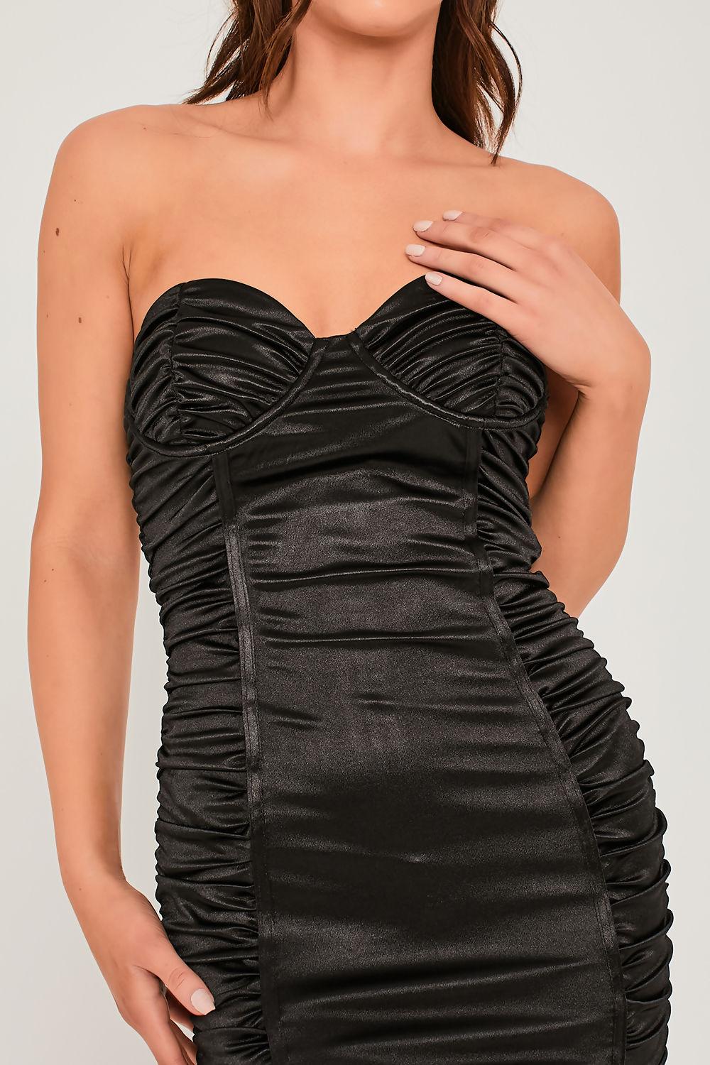 Saint Genies Eden Black Stretch Satin Underwired Ruched Detail Mini Bodycon Dress