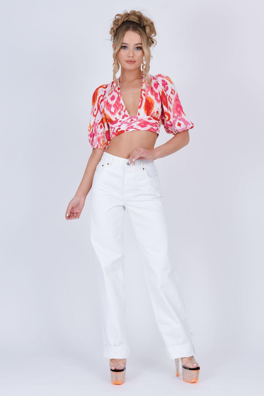 saint genies Edith Pink Print Tie Back Puff Sleeve Plunge Crop Top