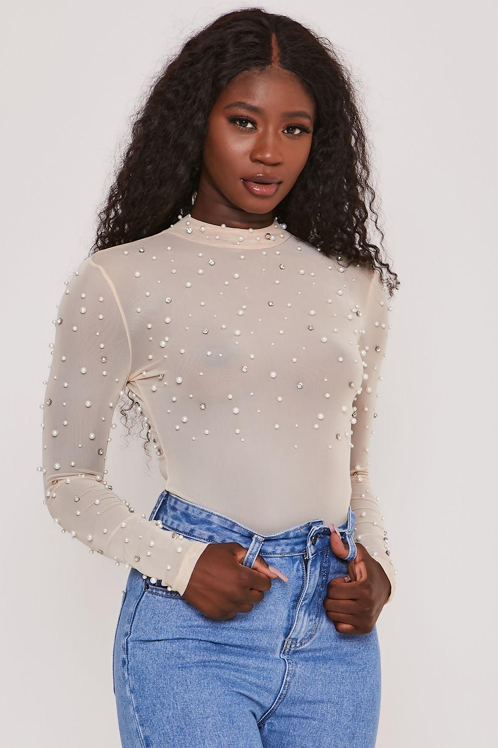 Saint Genies Eleanor Cream Pearl Diamante Mesh Long Sleeve High Neck Bodysuit