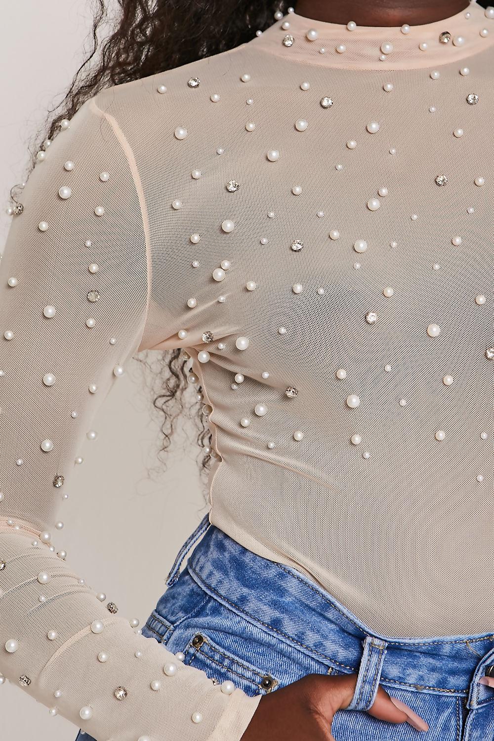 Saint Genies Eleanor Cream Pearl Diamante Mesh Long Sleeve High Neck Bodysuit