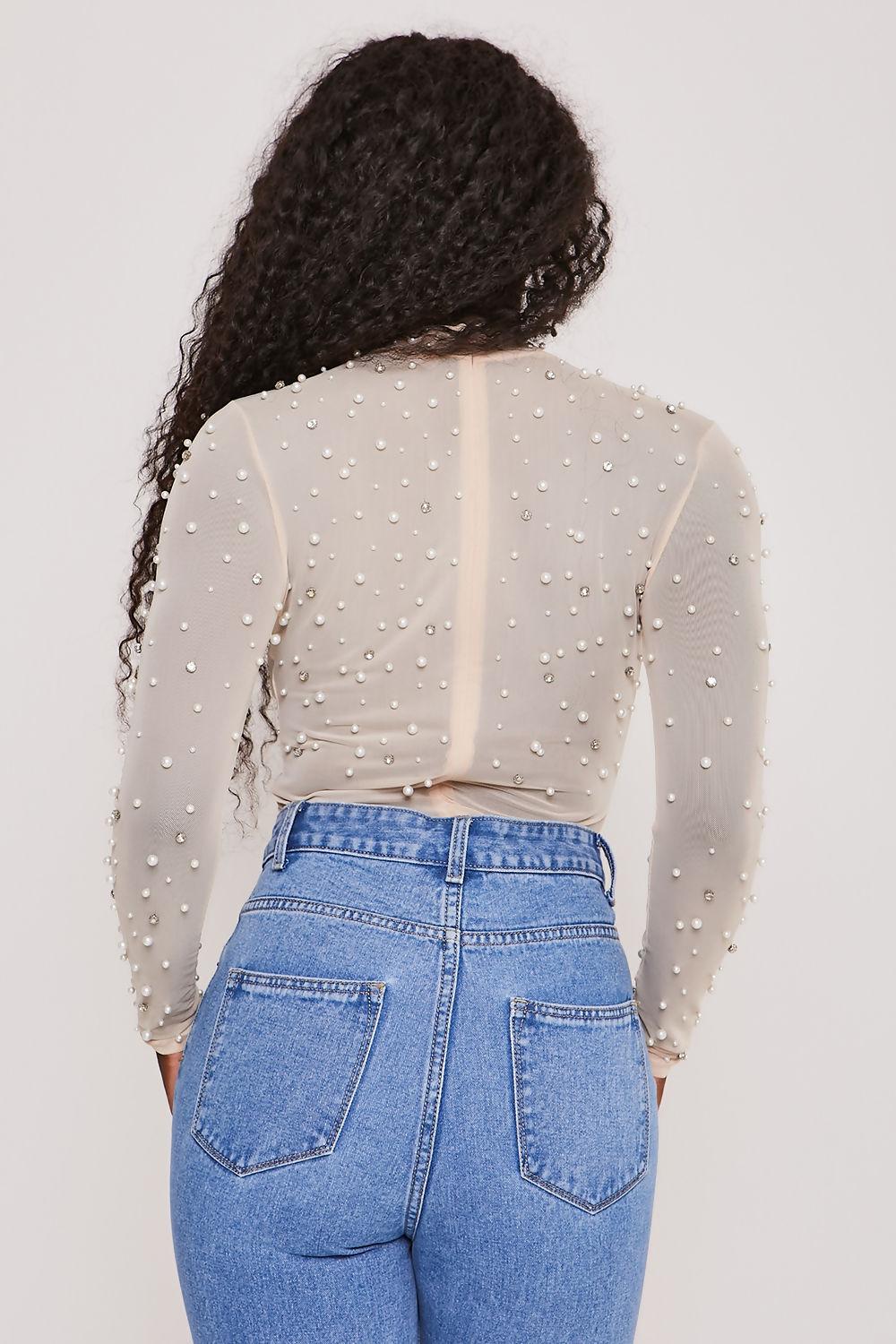 Saint Genies Eleanor Cream Pearl Diamante Mesh Long Sleeve High Neck Bodysuit