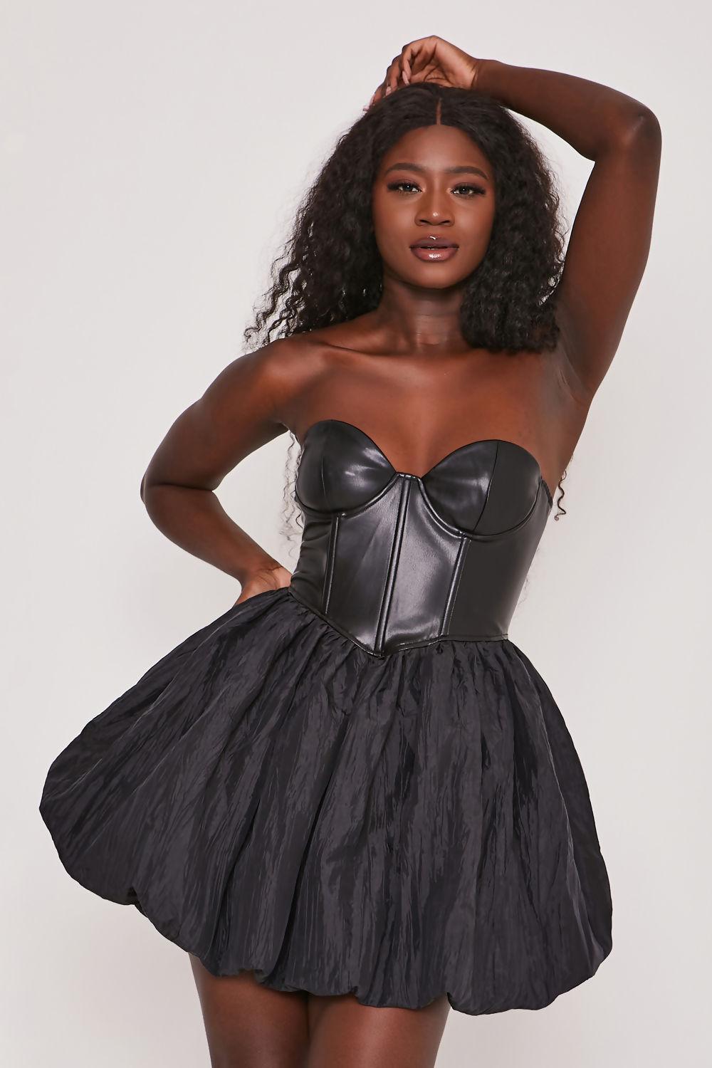 Saint Genies Elisa Black Taffeta Puffball Strapless Corset Dress