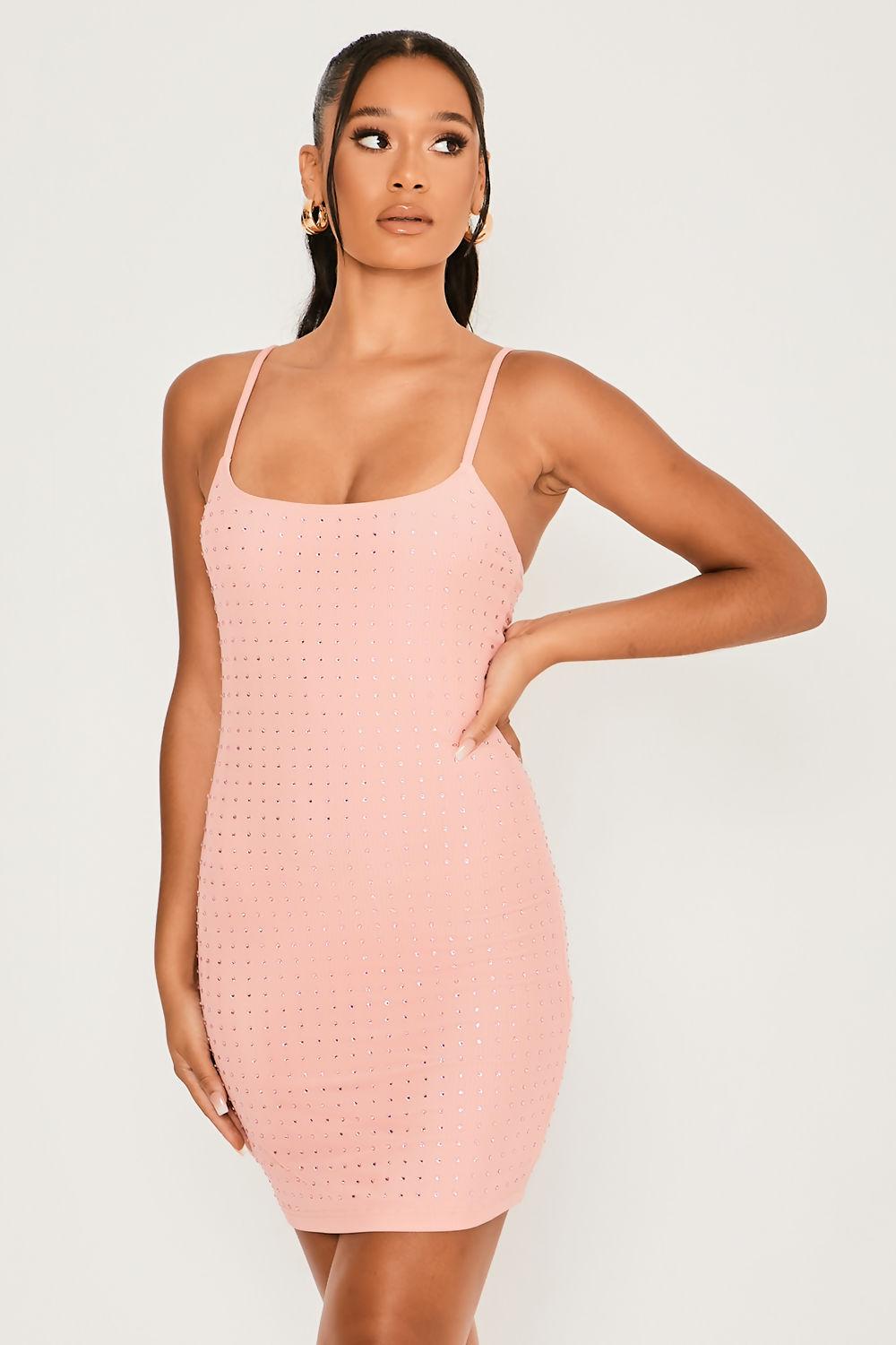 Saint Genies Eliza Pink Mesh Diamante Strappy Bodycon Mini Dress