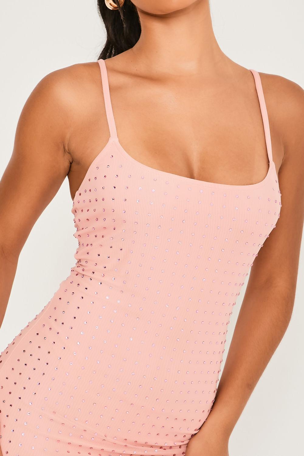 Saint Genies Eliza Pink Mesh Diamante Strappy Bodycon Mini Dress