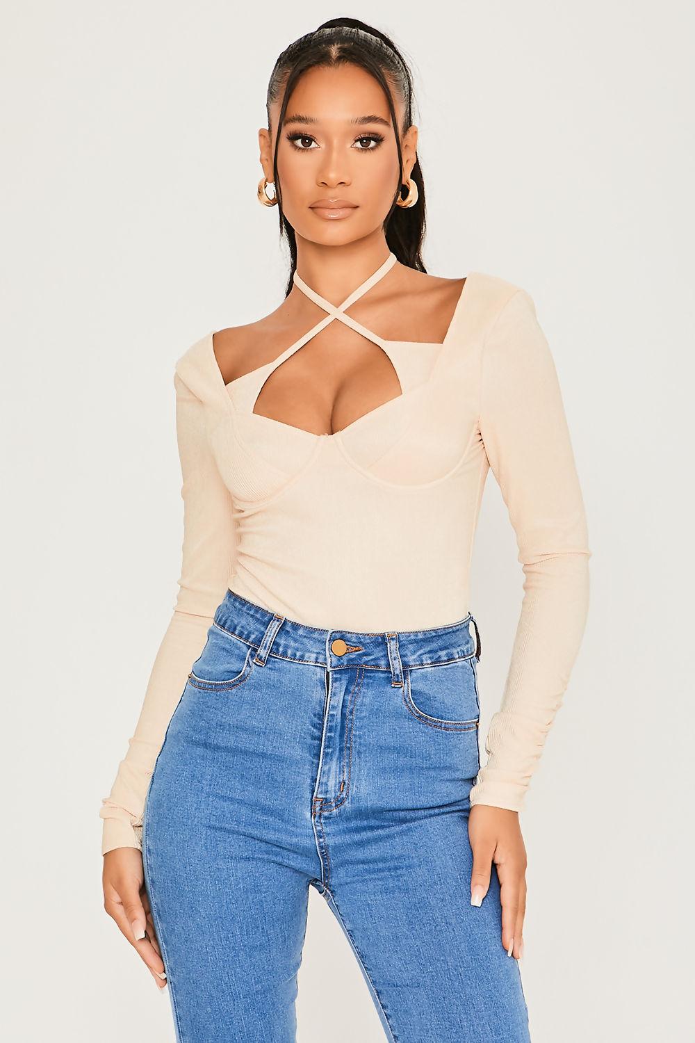 Saint Genies Ellie Ecru Cross Neck Tie Long Sleeve Bodysuit