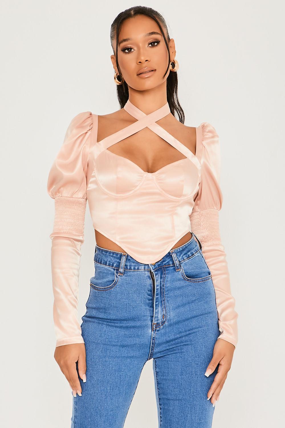Saint Genies Elsie Blush Halter Neck Puff Sleeve Corset Top