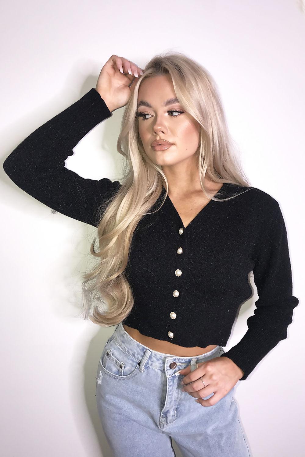 Saint Genies Emilia Black Shimmer Knit Cropped Cardigan