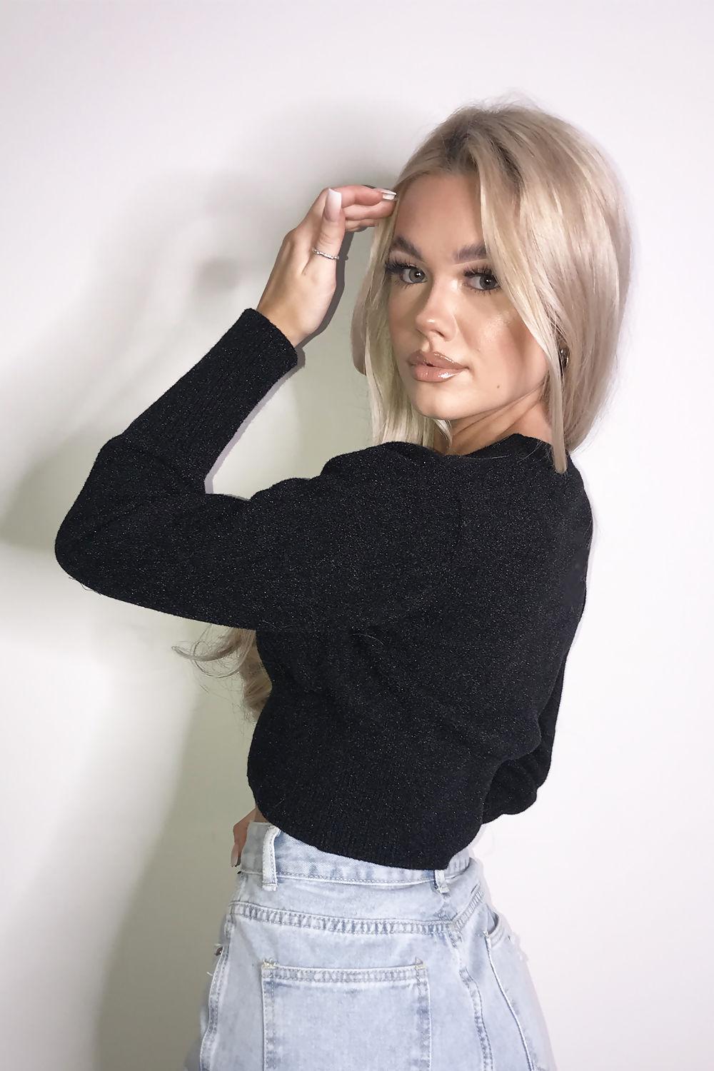 Saint Genies Emilia Black Shimmer Knit Cropped Cardigan