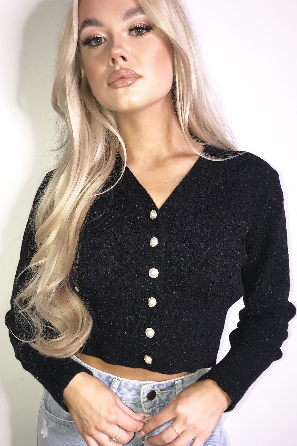 Saint Genies Emilia Black Shimmer Knit Cropped Cardigan