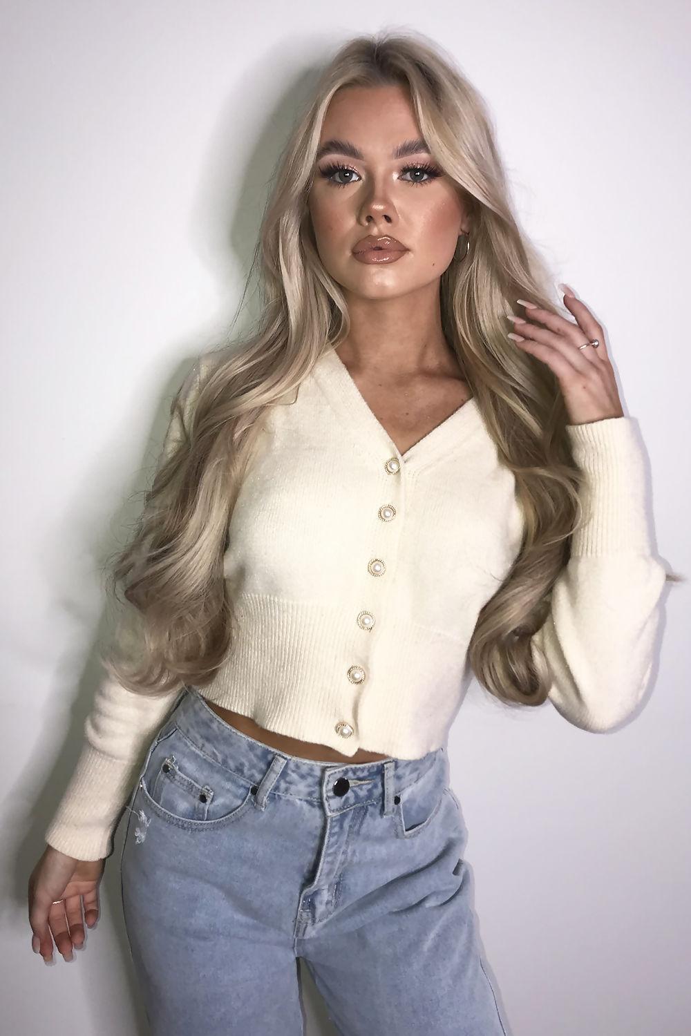 Saint Genies Emilia Ecru Shimmer Knit Cropped Cardigan