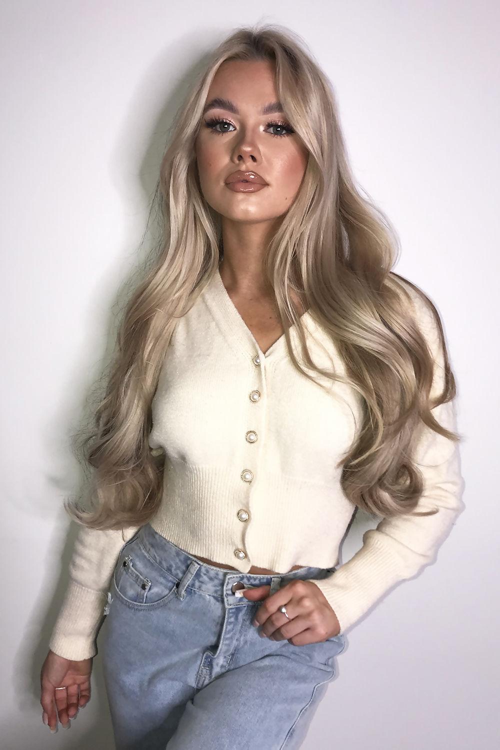 Saint Genies Emilia Ecru Shimmer Knit Cropped Cardigan