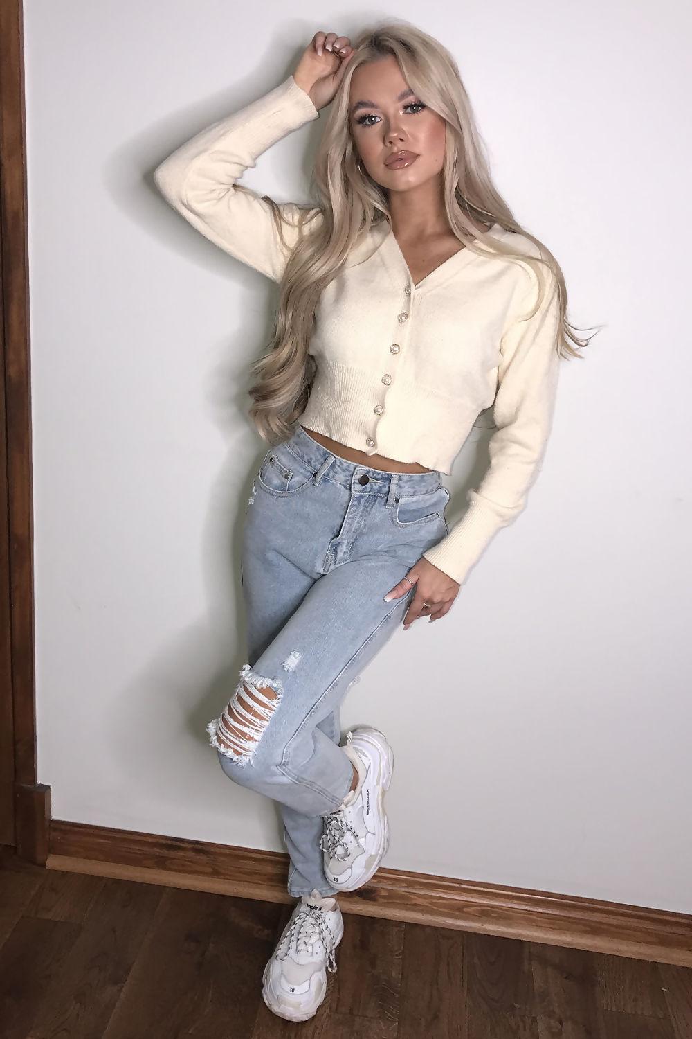 saint genies Emilia Ecru Shimmer Knit Cropped Cardigan