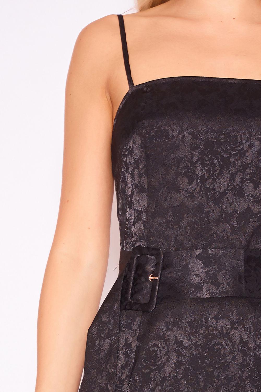 Saint Genies Emmie Black Floral Jacquard Double Buckle Belt Slip Dress