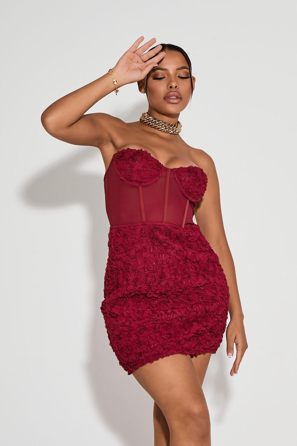 saint genies Emory Burgundy Strapless Textured Mini Dress