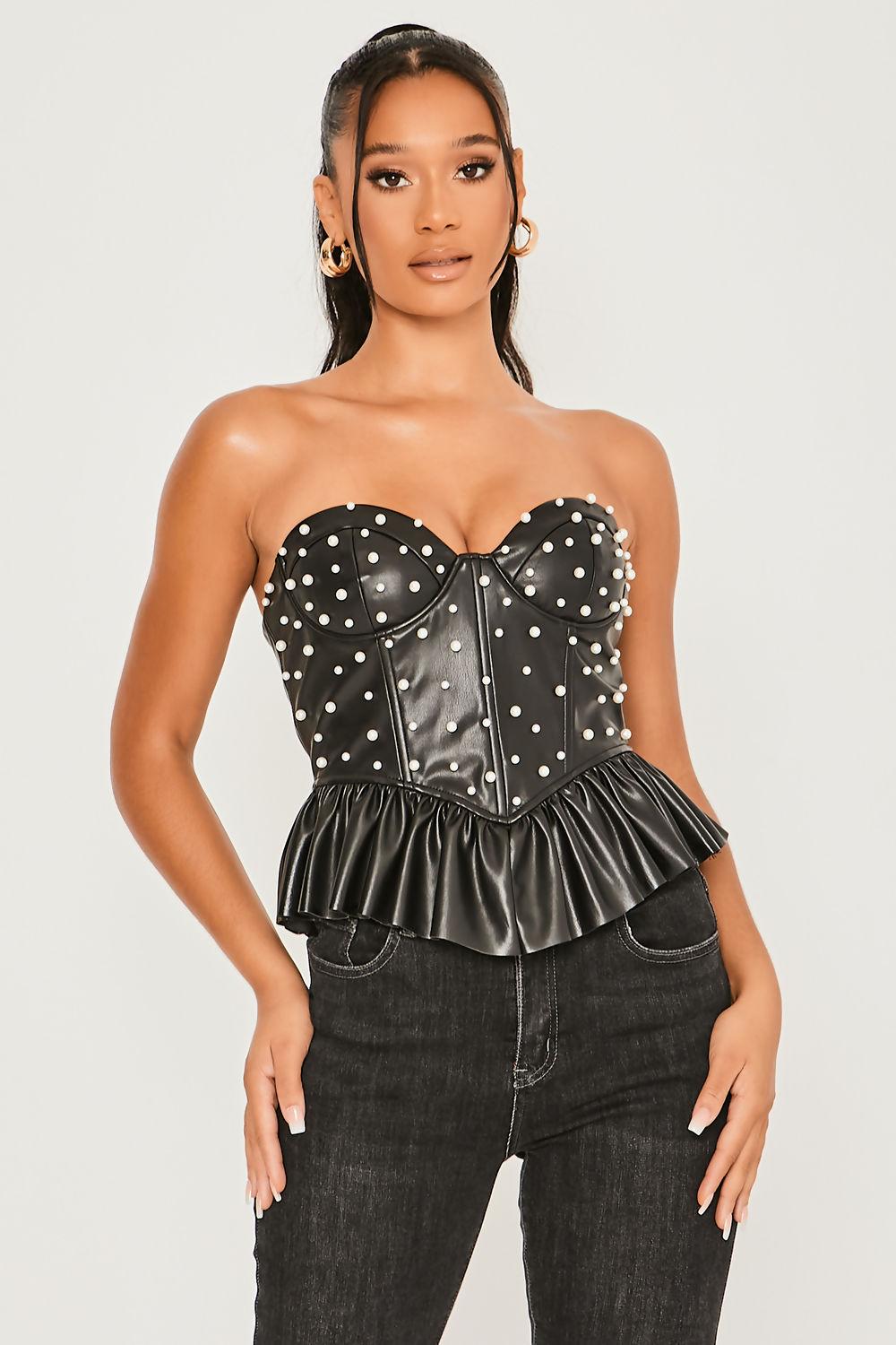 Saint Genies Erin Black Faux Leather Strapless Peplum Pearl Detailed Top