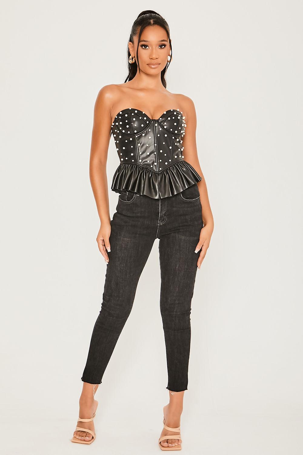 saint genies Erin Black Faux Leather Strapless Peplum Pearl Detailed Top