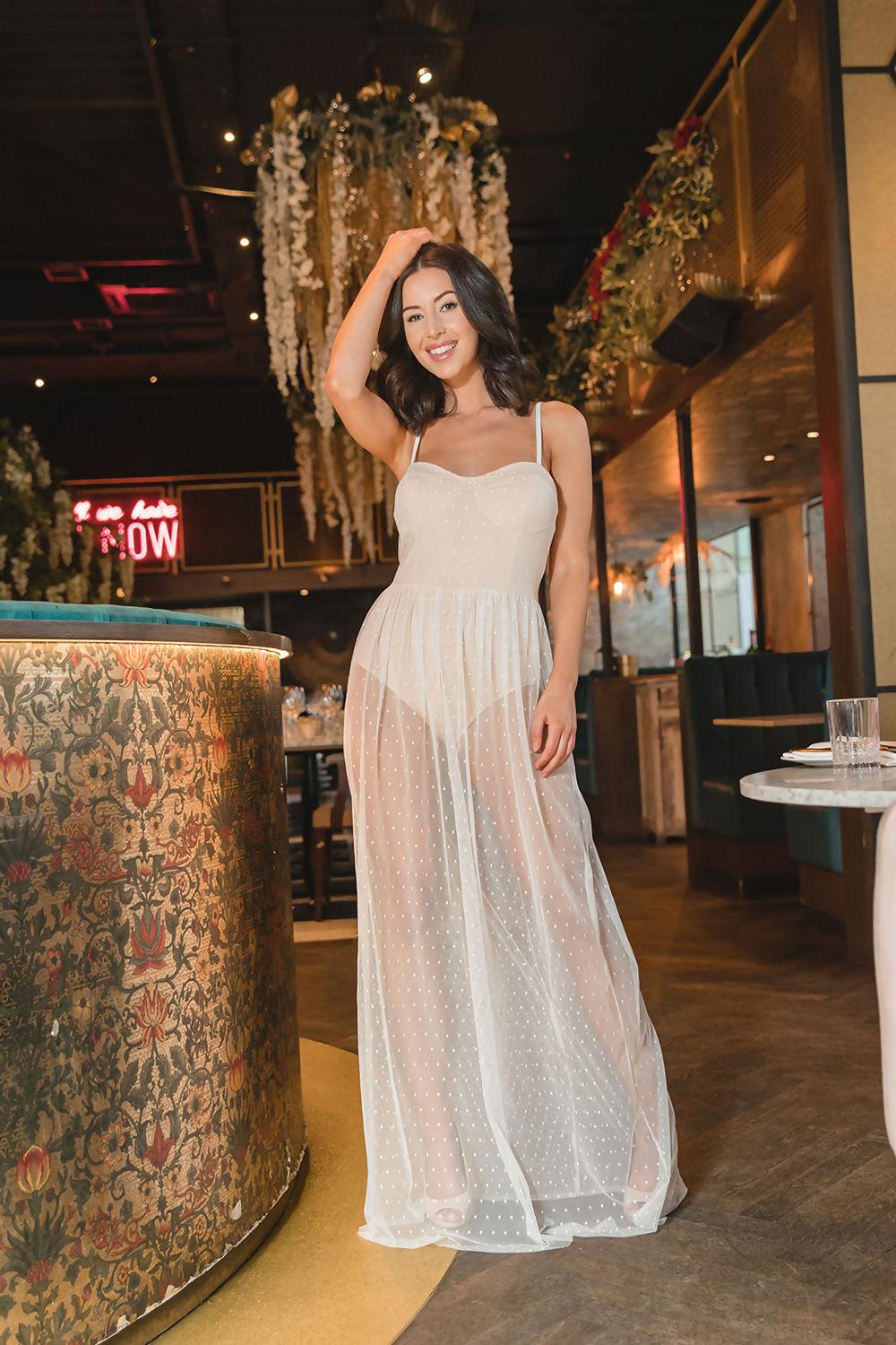 saint genies Erla White Spot Tulle Underwired Maxi Dress