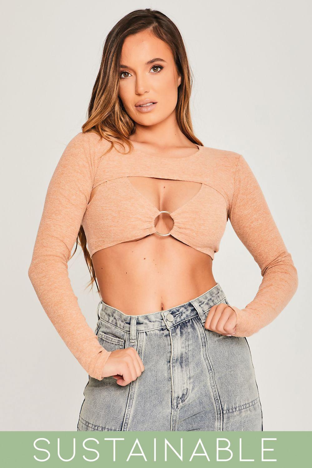 Saint Genies Esme Mocha Recycled Rib Extreme Two Piece Long Sleeve Crop Top