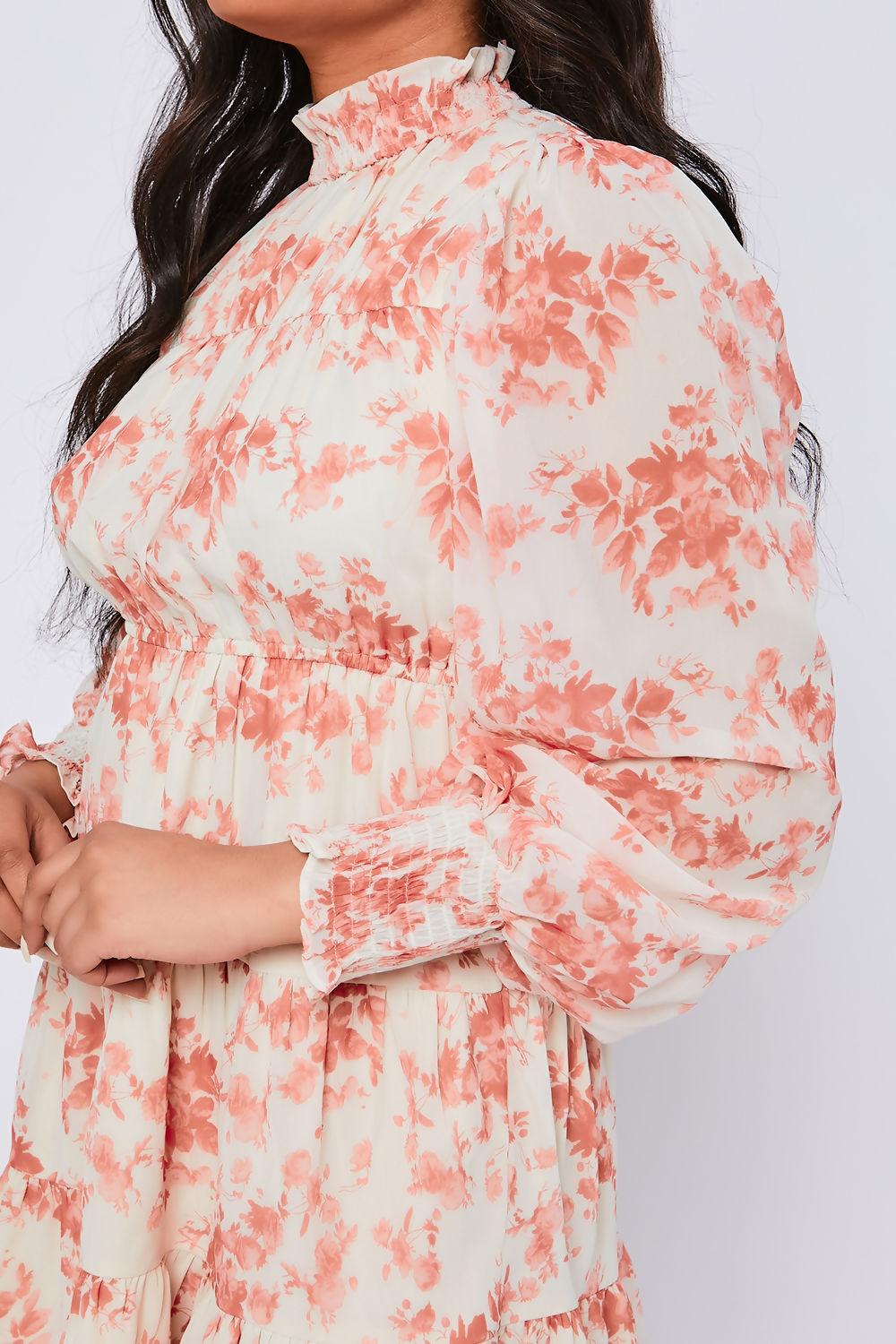 Saint Genies Evelyn Cream Floral Print Chiffon High Neck Swing Dress