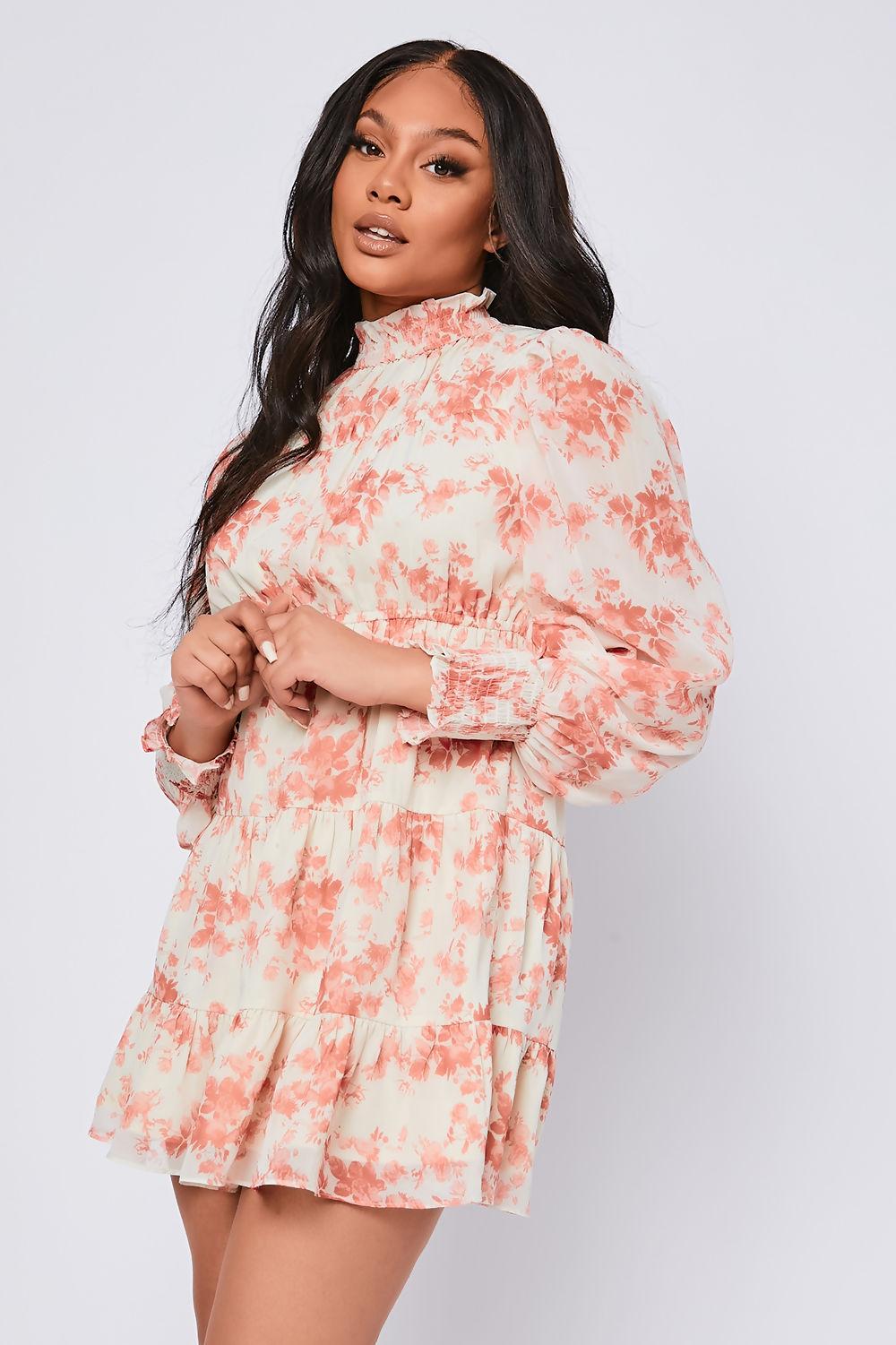 Saint Genies Evelyn Cream Floral Print Chiffon High Neck Swing Dress