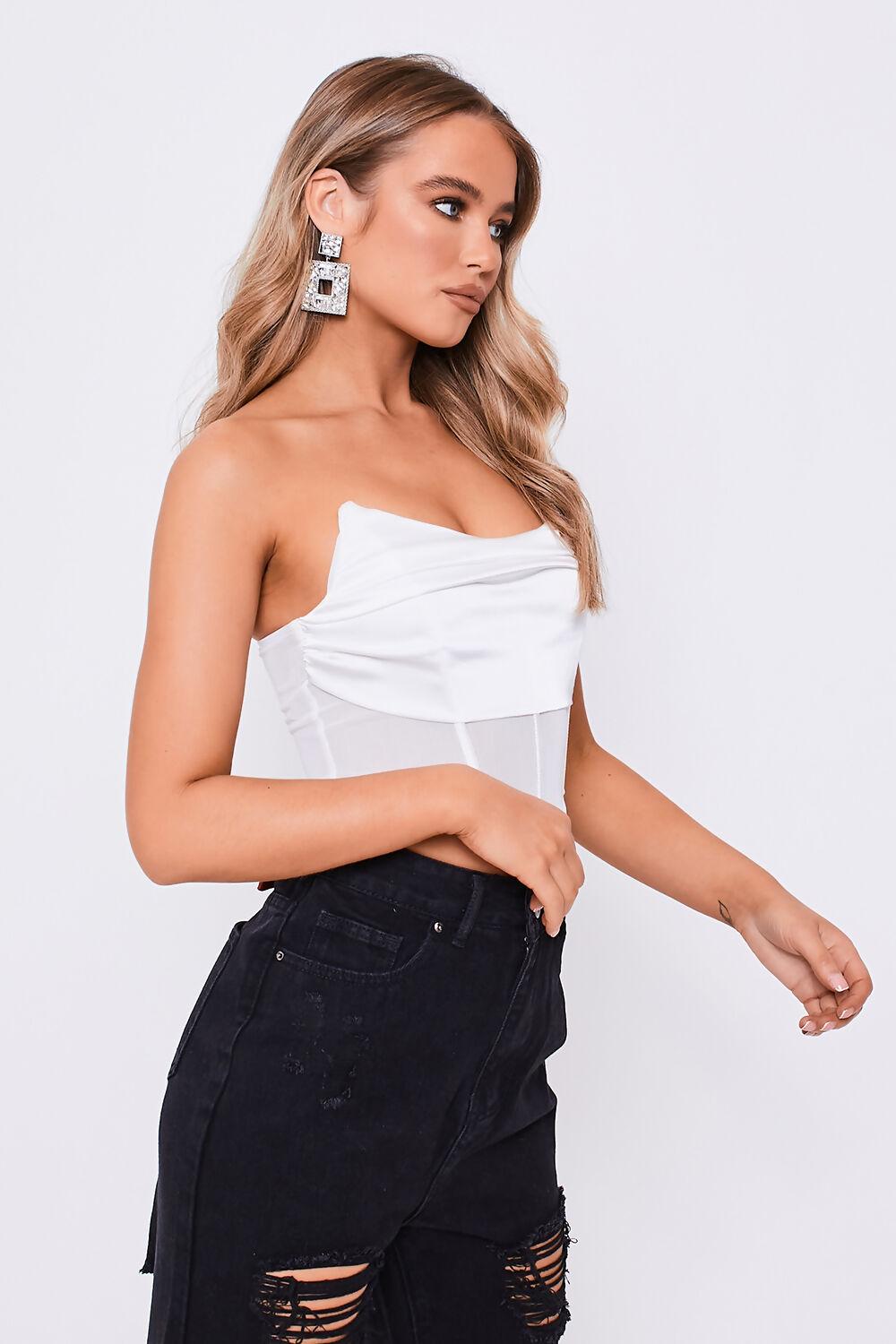 Saint Genies Faye White Satin Drape Front Mesh Detail Corset Top