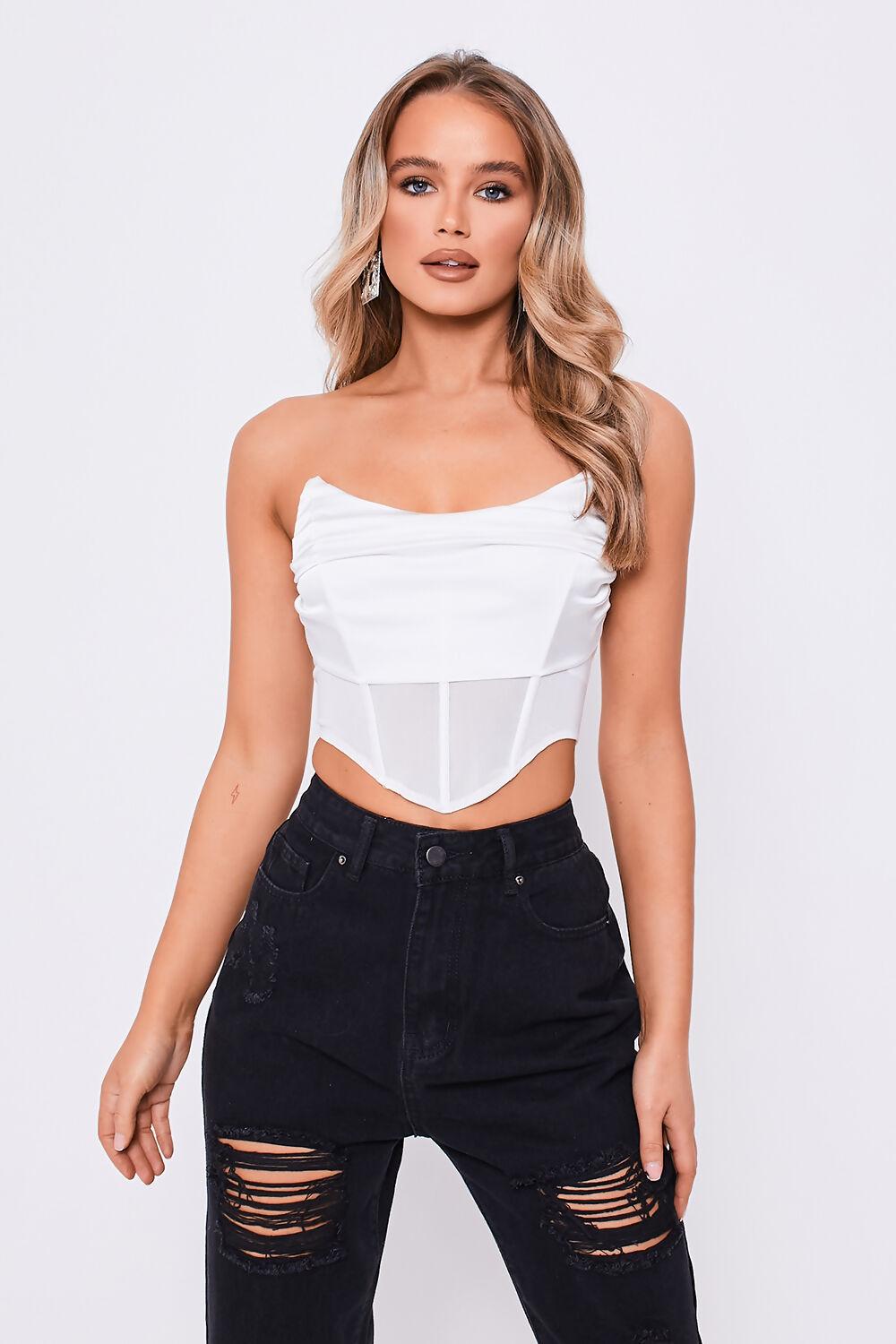 saint genies Faye White Satin Drape Front Mesh Detail Corset Top