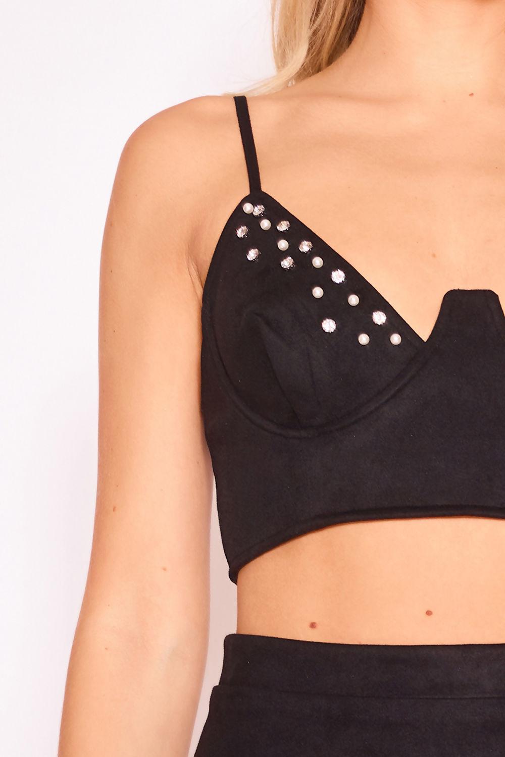 Saint Genies Felicia Black Stretch Suede Embellished Underwired Co Ord Set