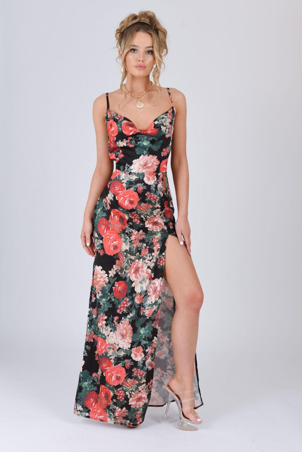 saint genies Ffion Black Floral Satin Cowl Neck Maxi Dress