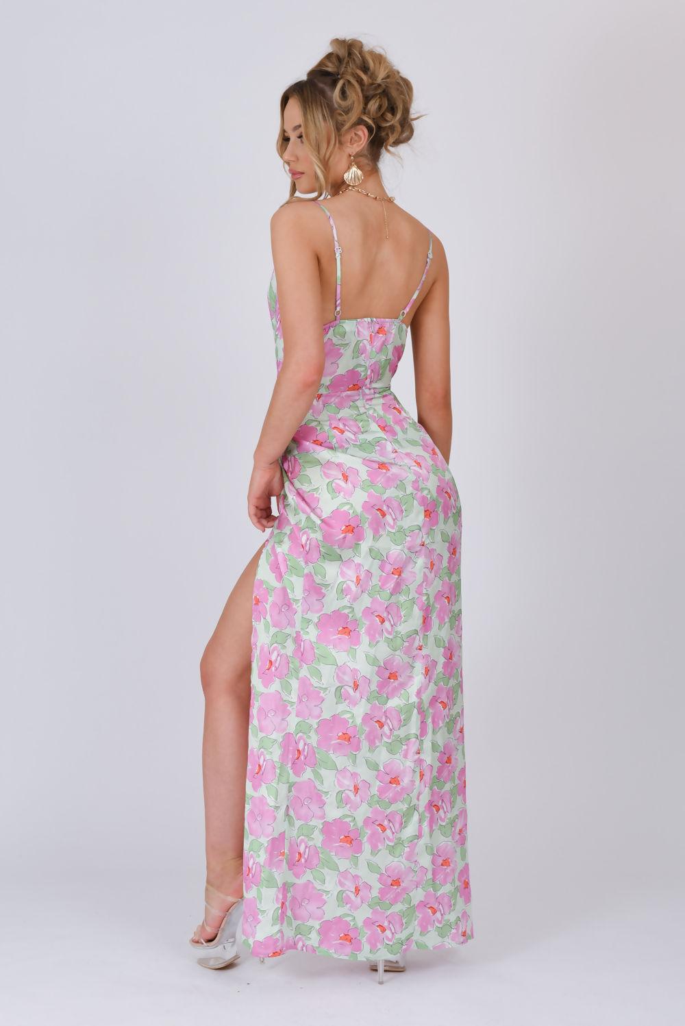 Saint Genies Ffion Green Floral Satin Cowl Neck Maxi Dress