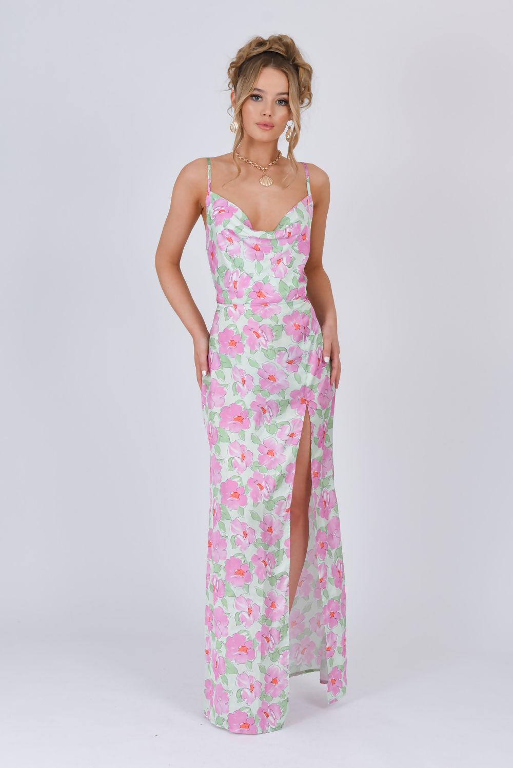 saint genies Ffion Green Floral Satin Cowl Neck Maxi Dress