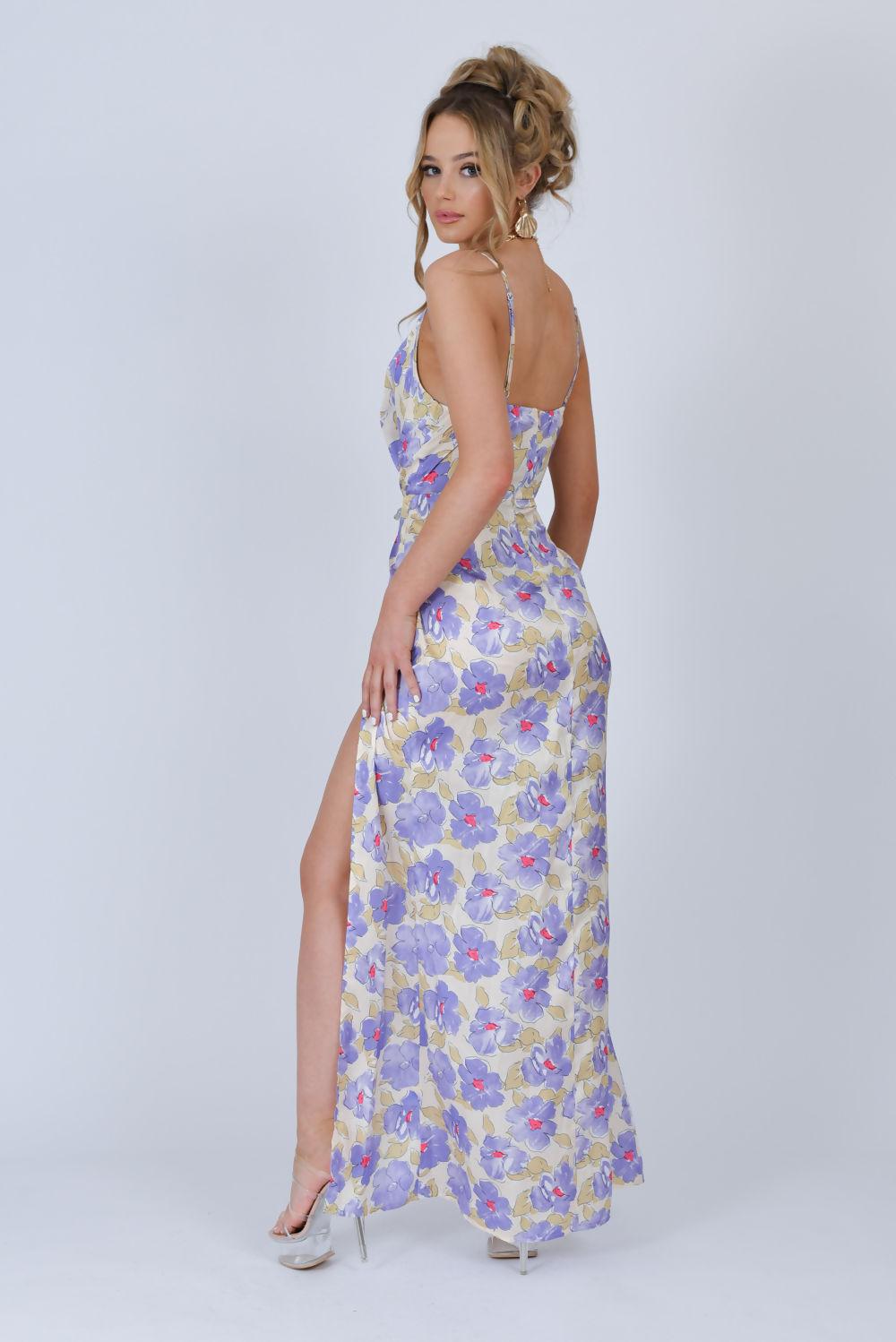 Saint Genies Ffion Lilac Floral Satin Cowl Neck Maxi Dress