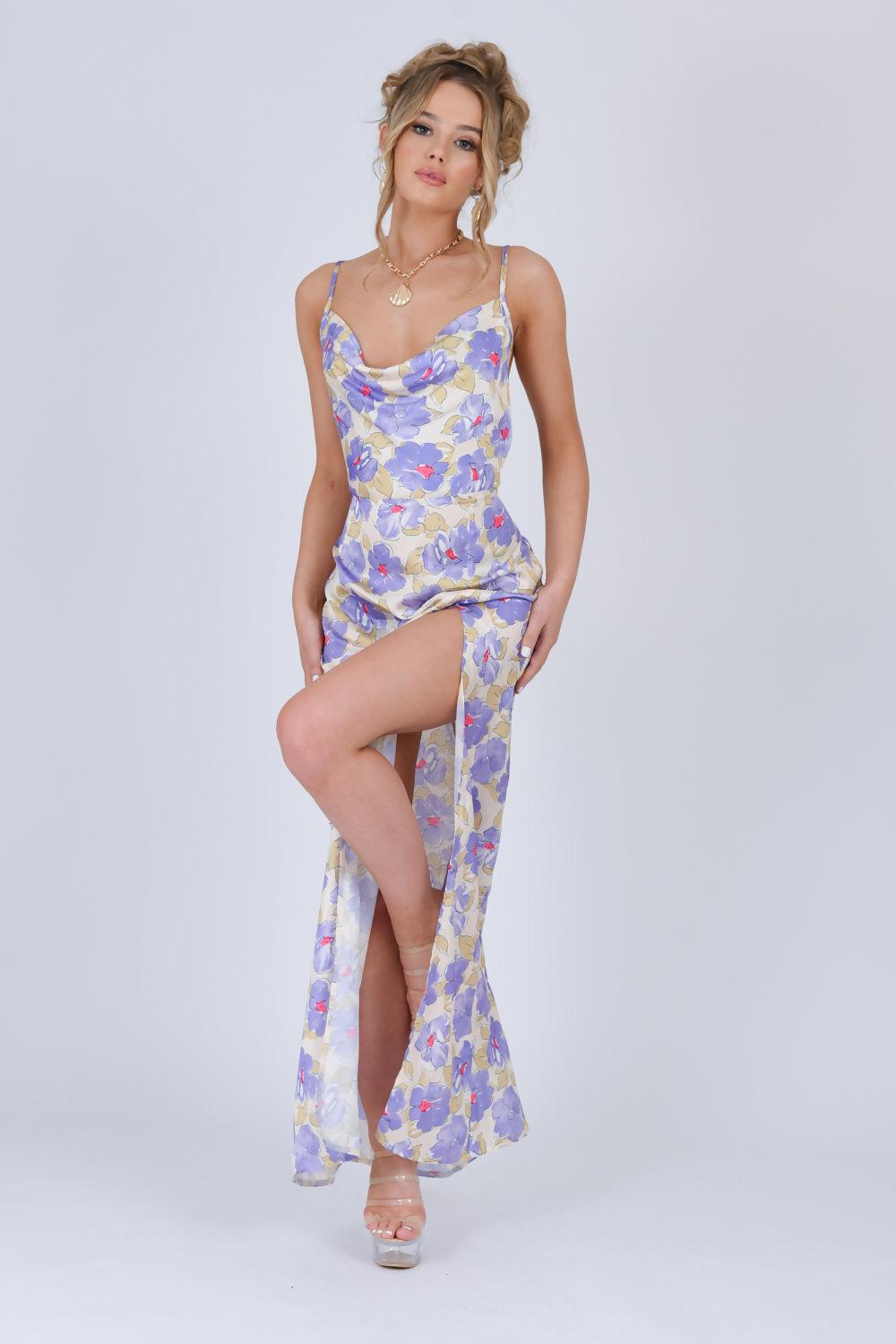 saint genies Ffion Lilac Floral Satin Cowl Neck Maxi Dress